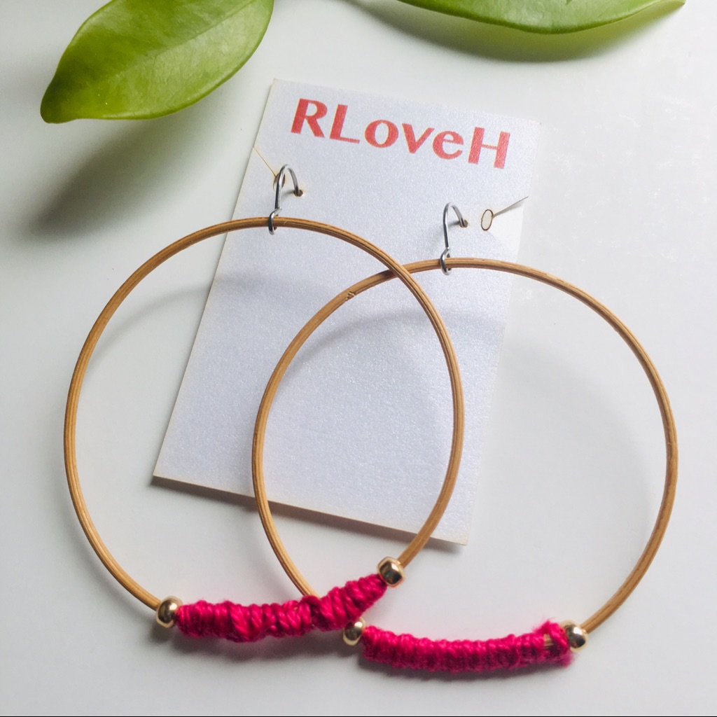 Lp Hot Pink And Natural Reed Large Hoop Earrings